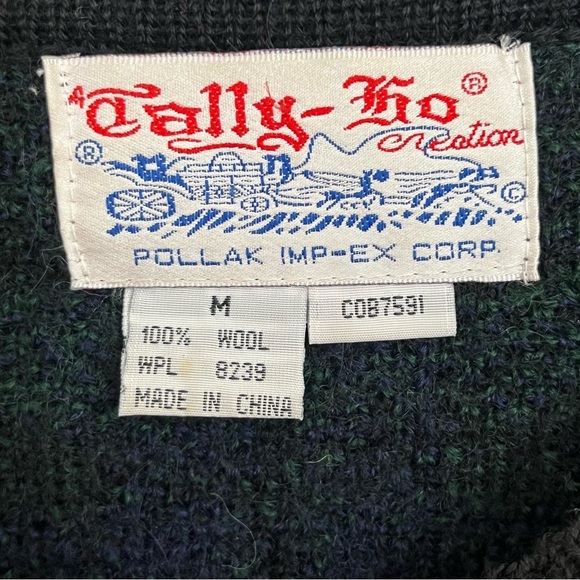 Tally-Ho Women's Size Medium Cardigan Wool Sweater Gold Buttons Plaid Green Blue - Picture 3 of 8